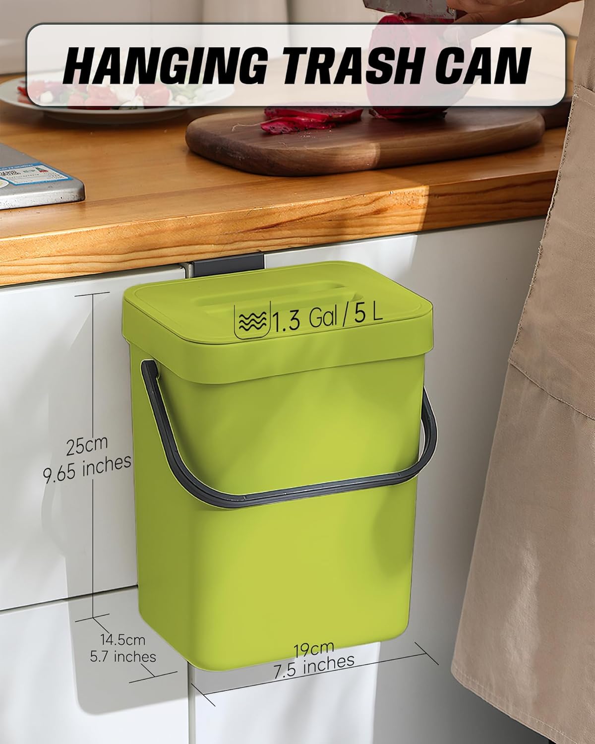 Compost Bin for Kitchen Countertop 5L/1.3 Gal Hanging Small Trash Can with Lid, Kichen Under Sink Trash Can, Wall Mount Indoor Compost Bucket with Lid(Lime Green)