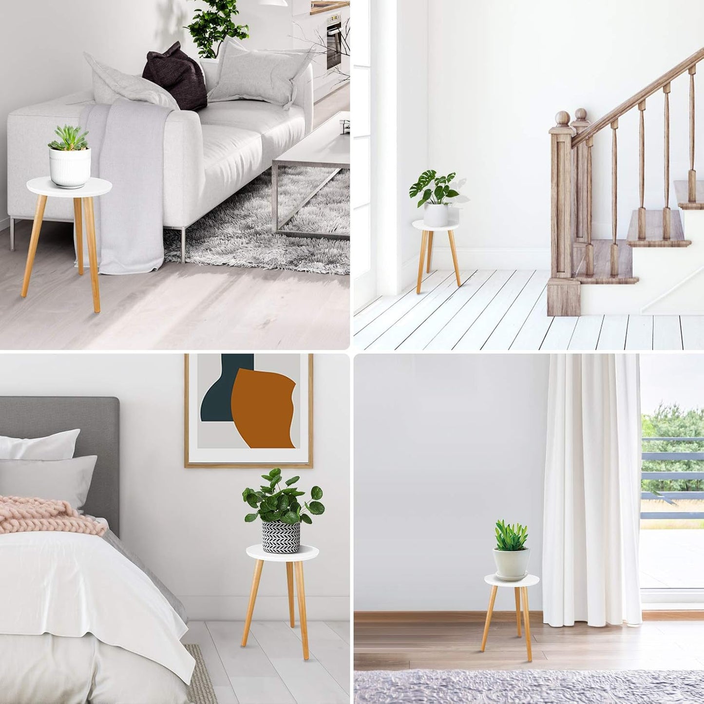 Uneedem Wood Mid Century Plant Stand for Indoor Plants, Modern Table, Tall Holder for Flower Pots, Small Round Side/End Table(A2 White, High: 16.5")