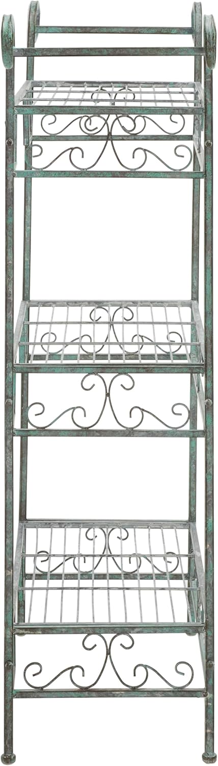 SAFAVIEH Outdoor Collection Noreen Victorian Scroll Antique Dark Green Wrought Iron 3-Tier Shelf