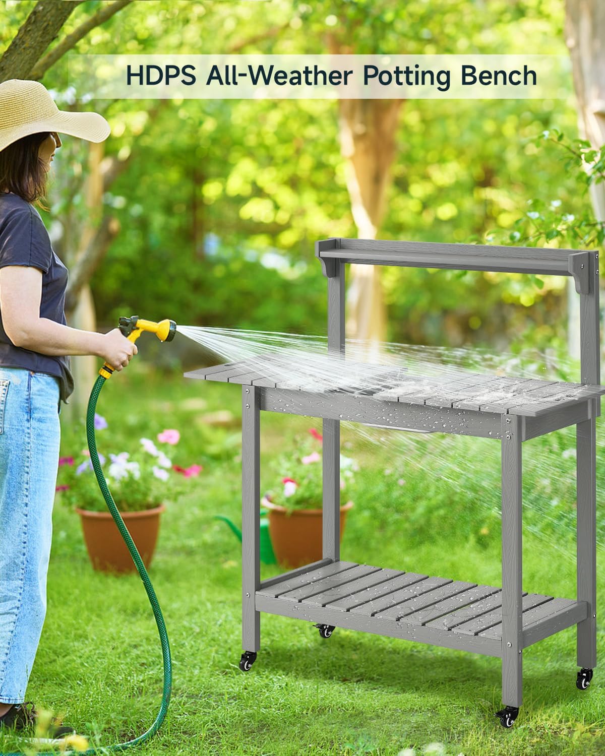 HDPS Outdoor Potting Bench with Sliding Tabletop/ 4 Wheels/Removable Sink, All-Weather Outside Garden Work Table, No Rust/Fade/Break, Potting Station for Porch, Patio & Backyard (Grey)