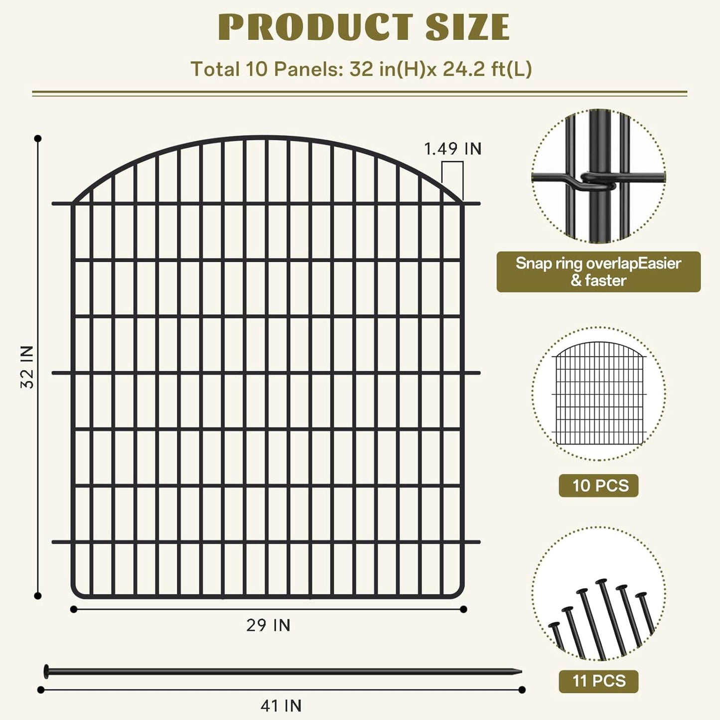 10 Panels No Dig Garden Fence with Gate, 32in x 24.2ft Decorative Dog Fence Outdoor for Yard, Tall Animal Barrier Fencing Rustproof Metal Garden Edging Border, Temporary Fencing for Outdoor, Patio