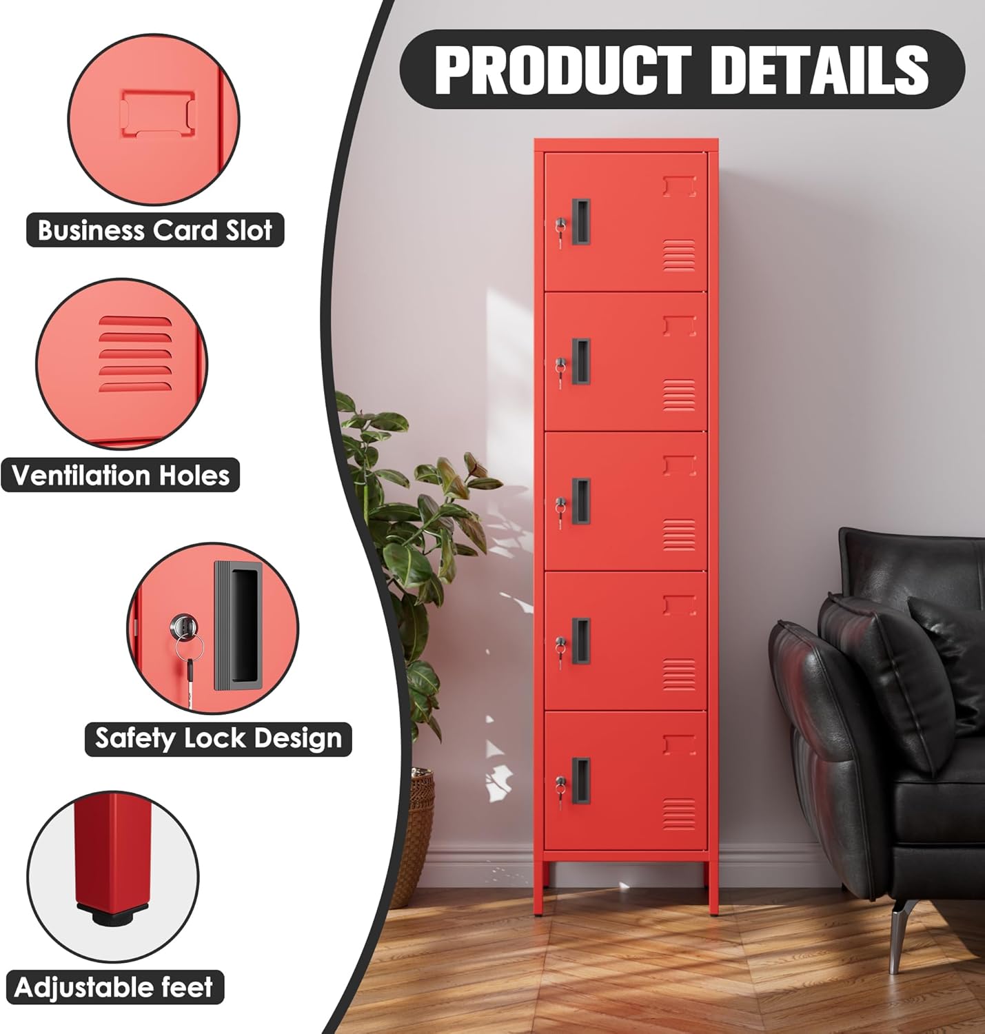 Metal Locker with Lock and Ventilation Holes,Metal Storage Locker with Business Card Slot for Home,Gym,Garage,School,Office,15.8" D x 15.8" W x 66" H Assembly Required,Red
