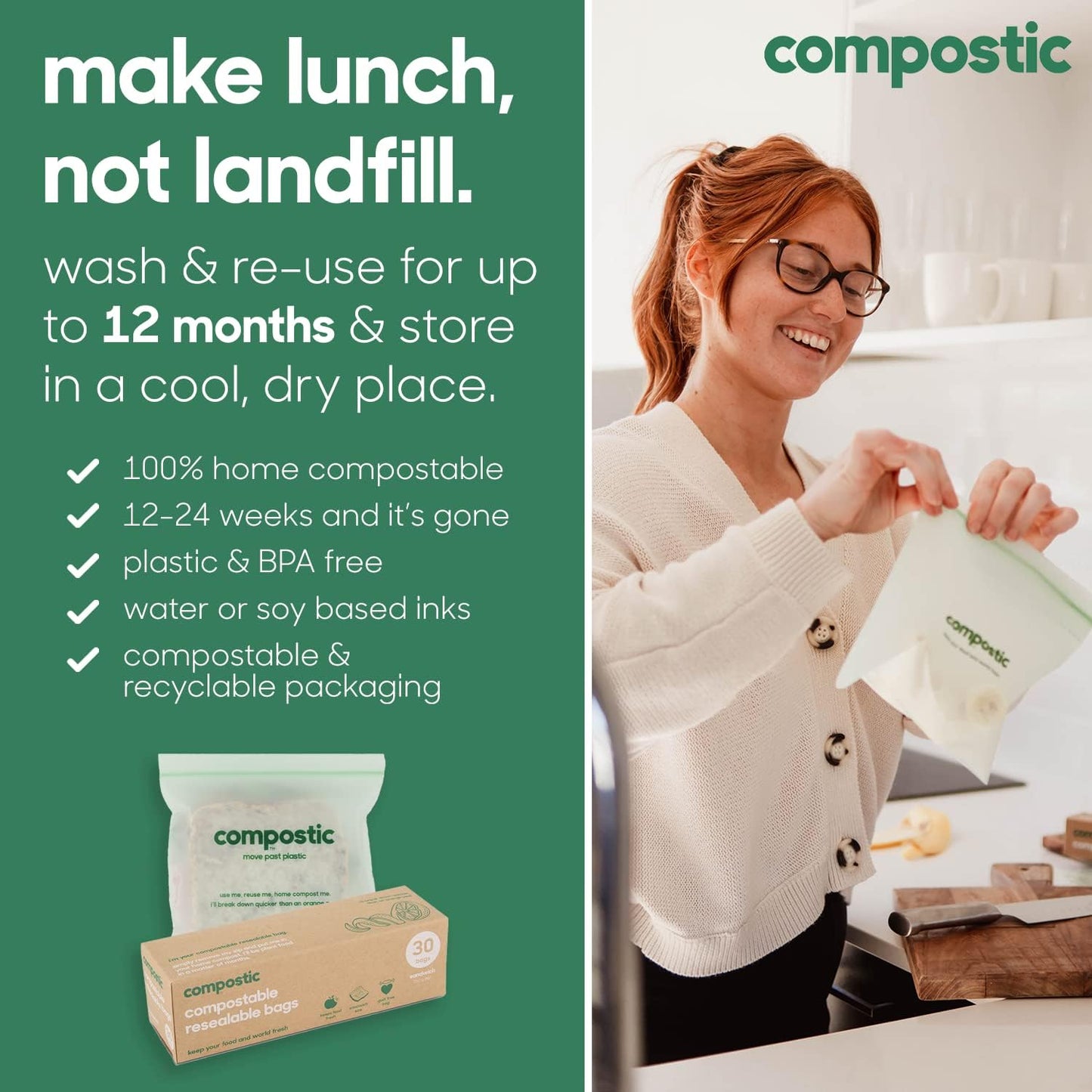 Home Compostable Resealable Sandwich Bags (7"x7"), Microwave & Freezer Safe, Organic Food Storage Container, 100 Count (Pack of 2)