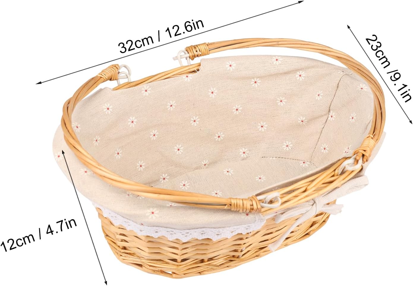 2 Pack Medium Size Wicker Basket with Handle, 12.6x9x4.7 inch Wicker Picnic Basket with Liner, Empty Gift Basket, Oval Willow Woven Basket for Fruit, Candy, Gathering, Wedding, Picnic, by,GNIEMCKIN
