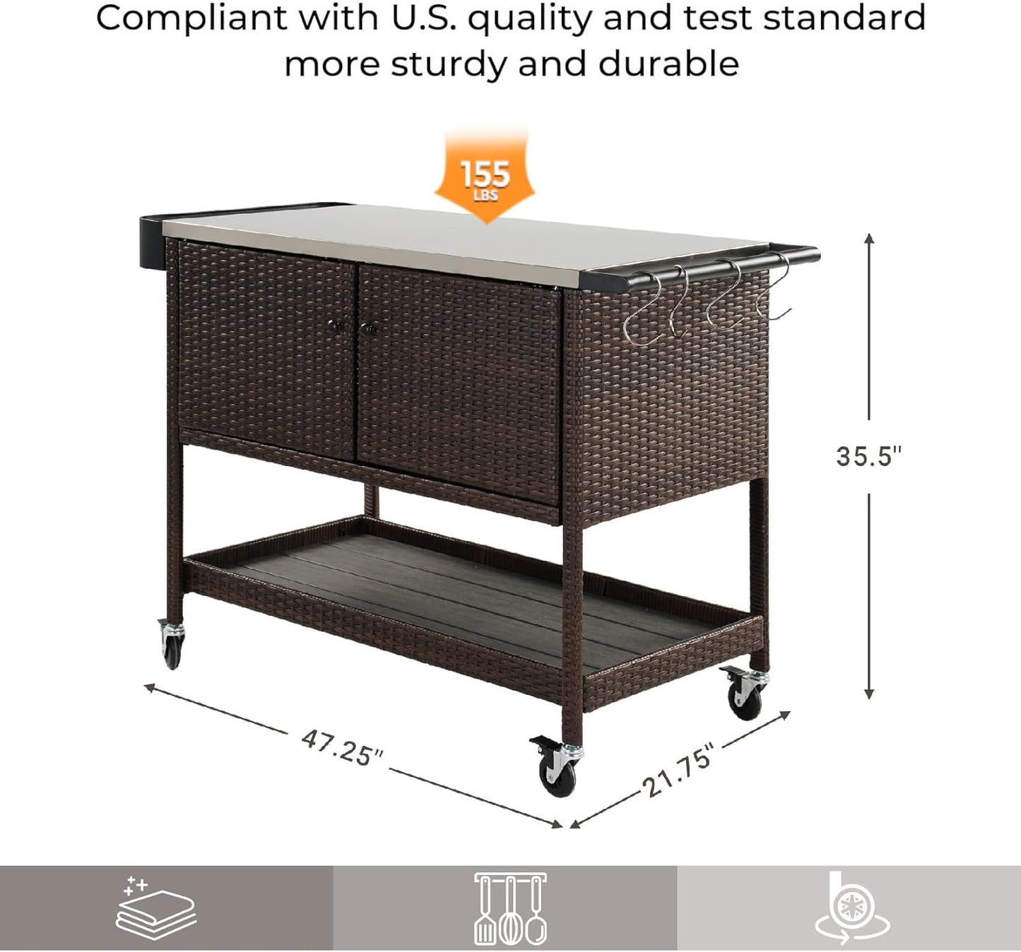Grand patio Outdoor Wicker Bar Cart, Outdoor Bar Table with Stainless Steel Tabletop, Patio Kitchen Island Grill Cart with Storage Cabinet and 4 Hooks