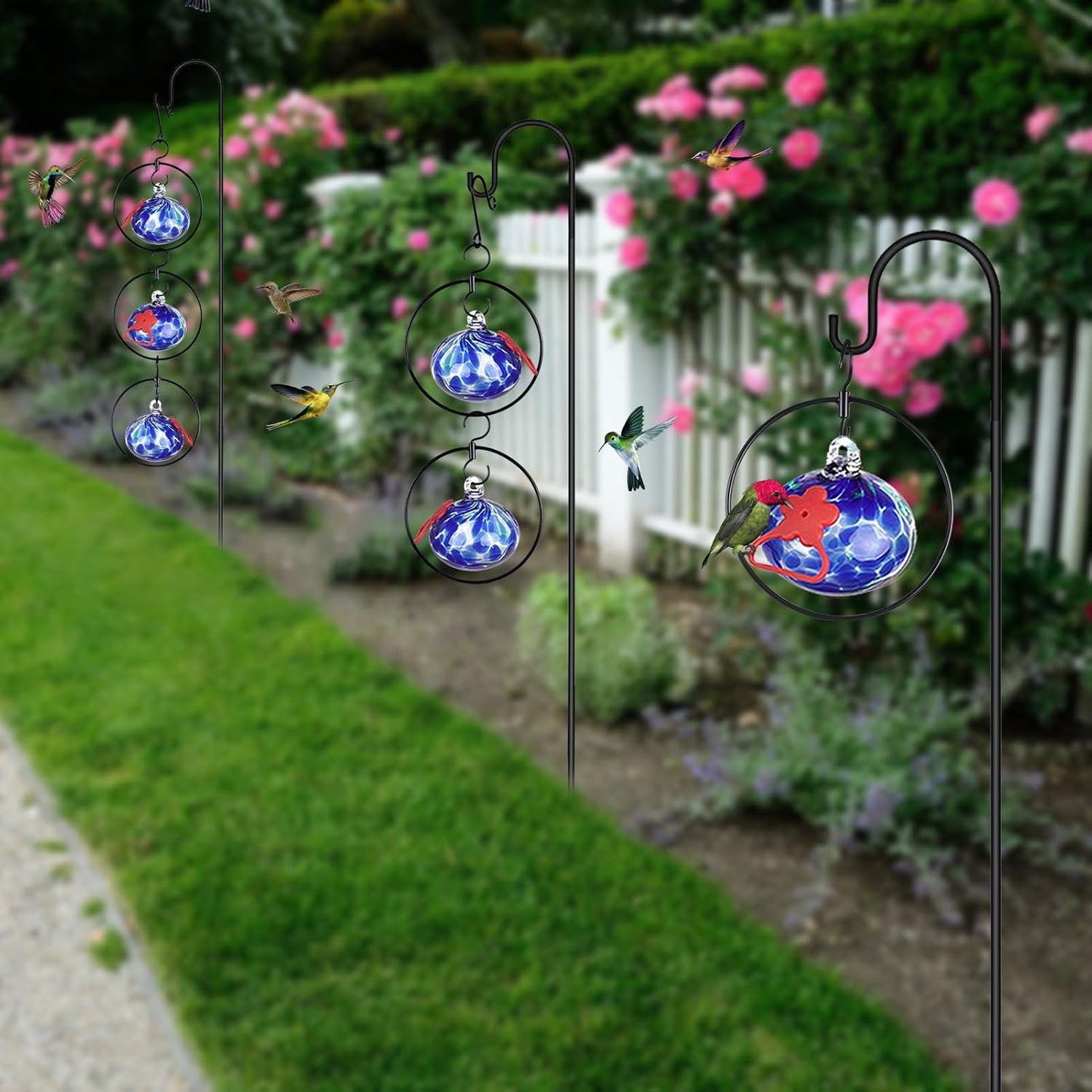 Flexible 6 Pack Hummingbird feeders for Outdoors Hanging Ant and Bee Proof,Detachable Hand Blown Glass Hummingbird Feeder with 6 Adjustable Silicone Perch(Dotted Blue)