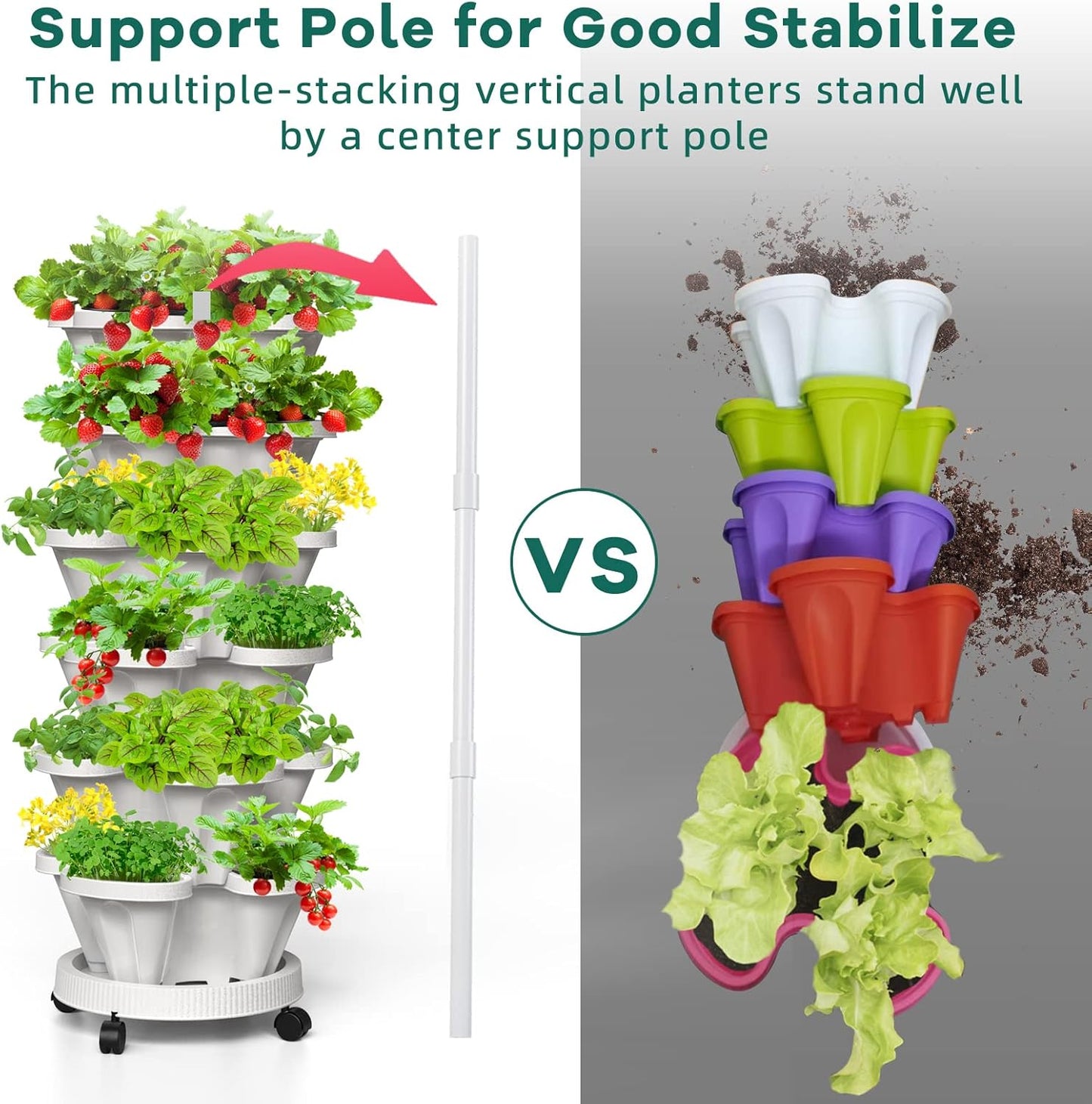 Strawberry Vertical Planter 2 Pack, 6 Tiered Stacking Garden Tower, Stackable Herb Vegetable Planters with Support Pole Indoor Outdoor Black