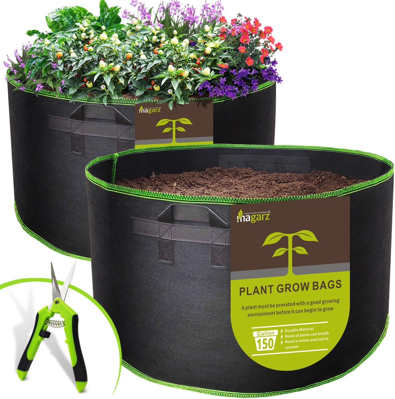 2-Pack 150 Gallon Fabric Flower Pots Garden Felt Grow Bags with handle (black)