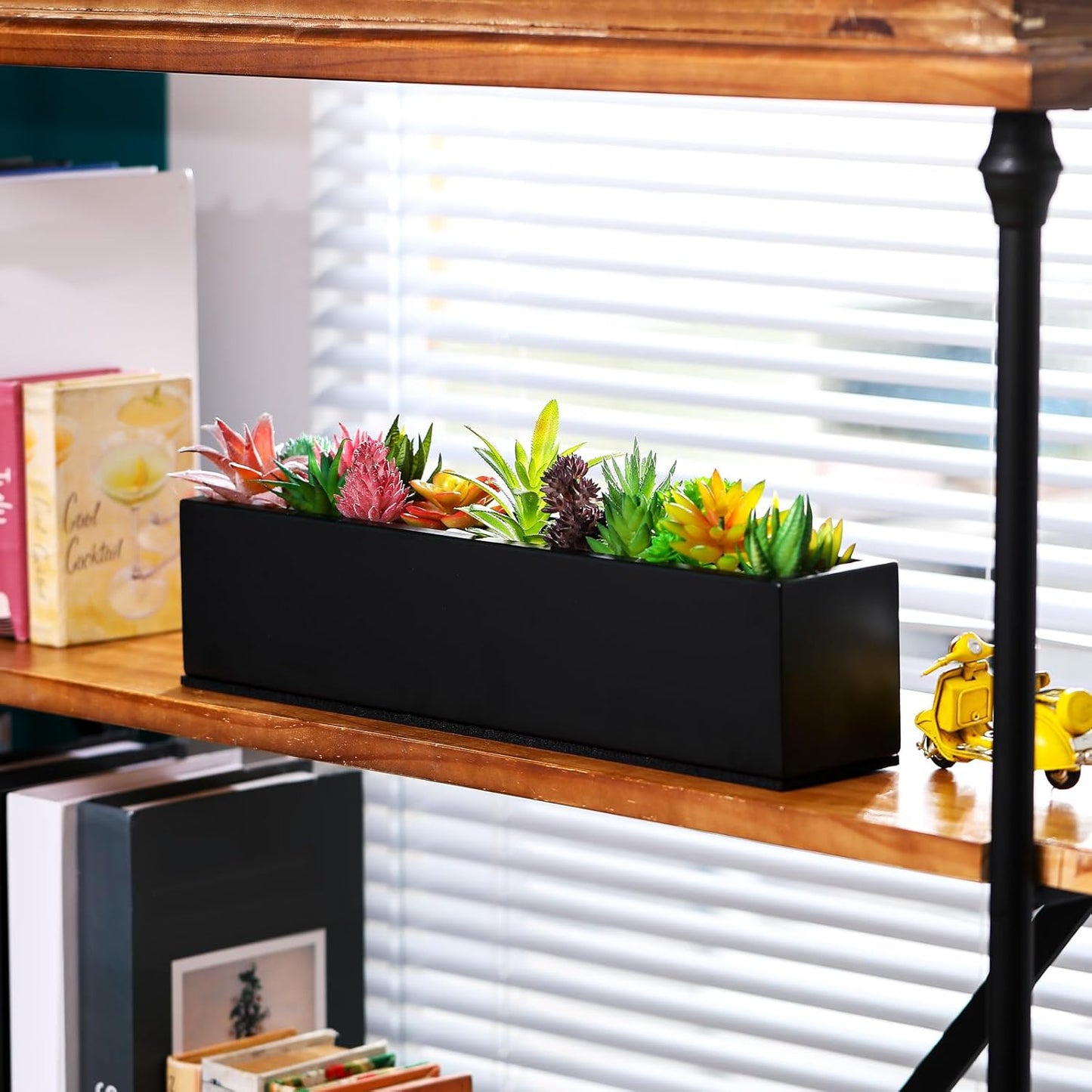 16.1 x 3.2 x 3.5 Inch Long Rectangular Planter Box Window Sill Plant Box Metal Water Trough Indoor Large Modern Steel with Drainage Holes Herb Garden Home(Black)