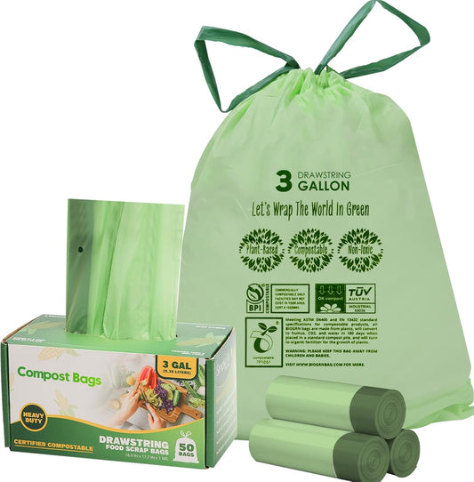 3 Gallon Compostable Trash Bags with Drawstring, Heavy Duty Extra Thick 1 Mil, 11.36 Liter, 50 Bags, Small Kitchen Food Scrap Waste Bag, US BPI and OK Compost Home Certified(3 Gallon 50 Count)