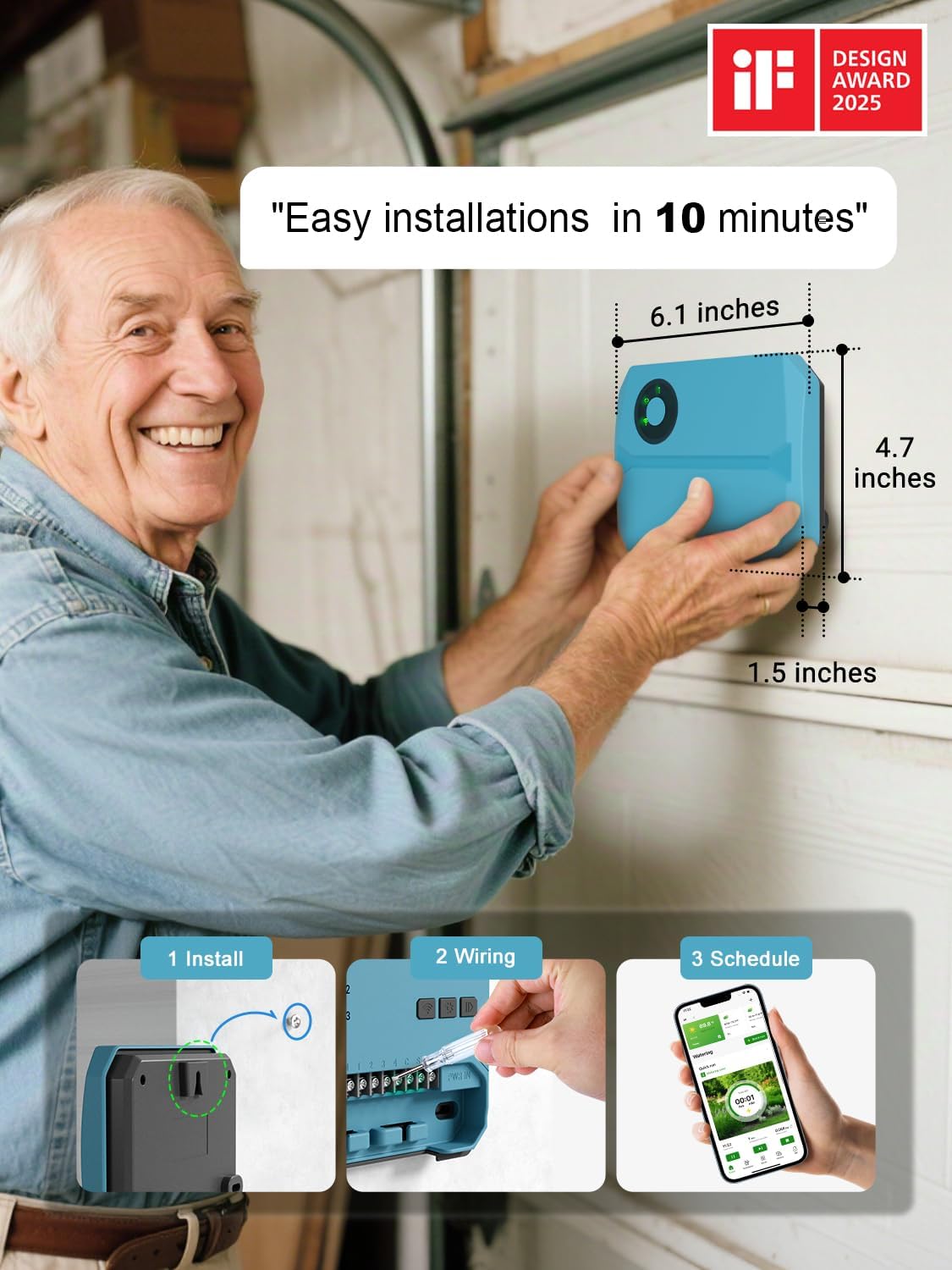 Smart Sprinklers Controller WiFi, Irrigation Controller Easy Use App Enabled, 4 Zone + 16 Plans, Save Water Auto Skip Rain, Freeze & Wind, 10 Minutes Install (Light Blue)