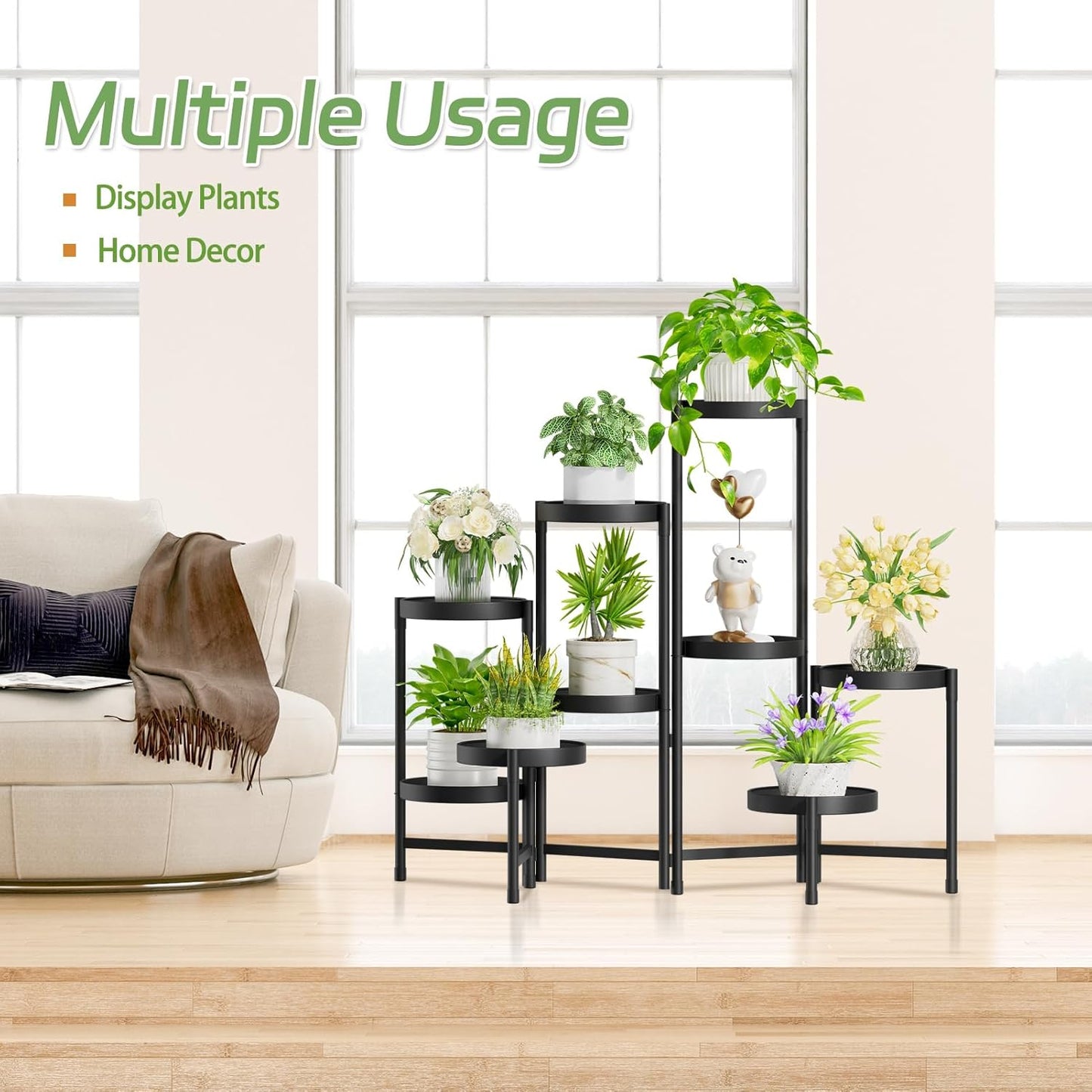 iDavosic.ly Plant Stand Indoor Outdoor, 9 Tier Corner Metal Flower Display Holder Shelf, Folding Tall Orchid Rack for Patio Balcony Porch Garden Living Room House, Black