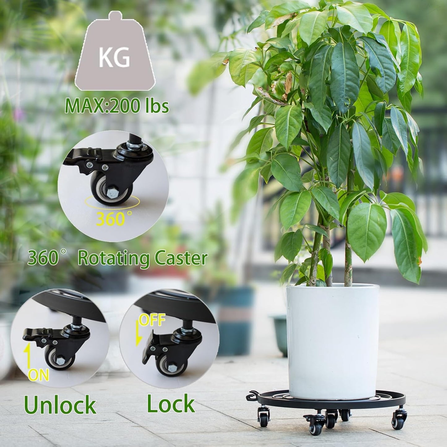 16" Heavy Duty Plant Dolly with Wheels Rolling Planter Base for Indoor/Outdoor Use | Patented Detachable Handle 360° Rotating Polyurethane Wheels Max Load 200 lbs for Large Pots & Planters