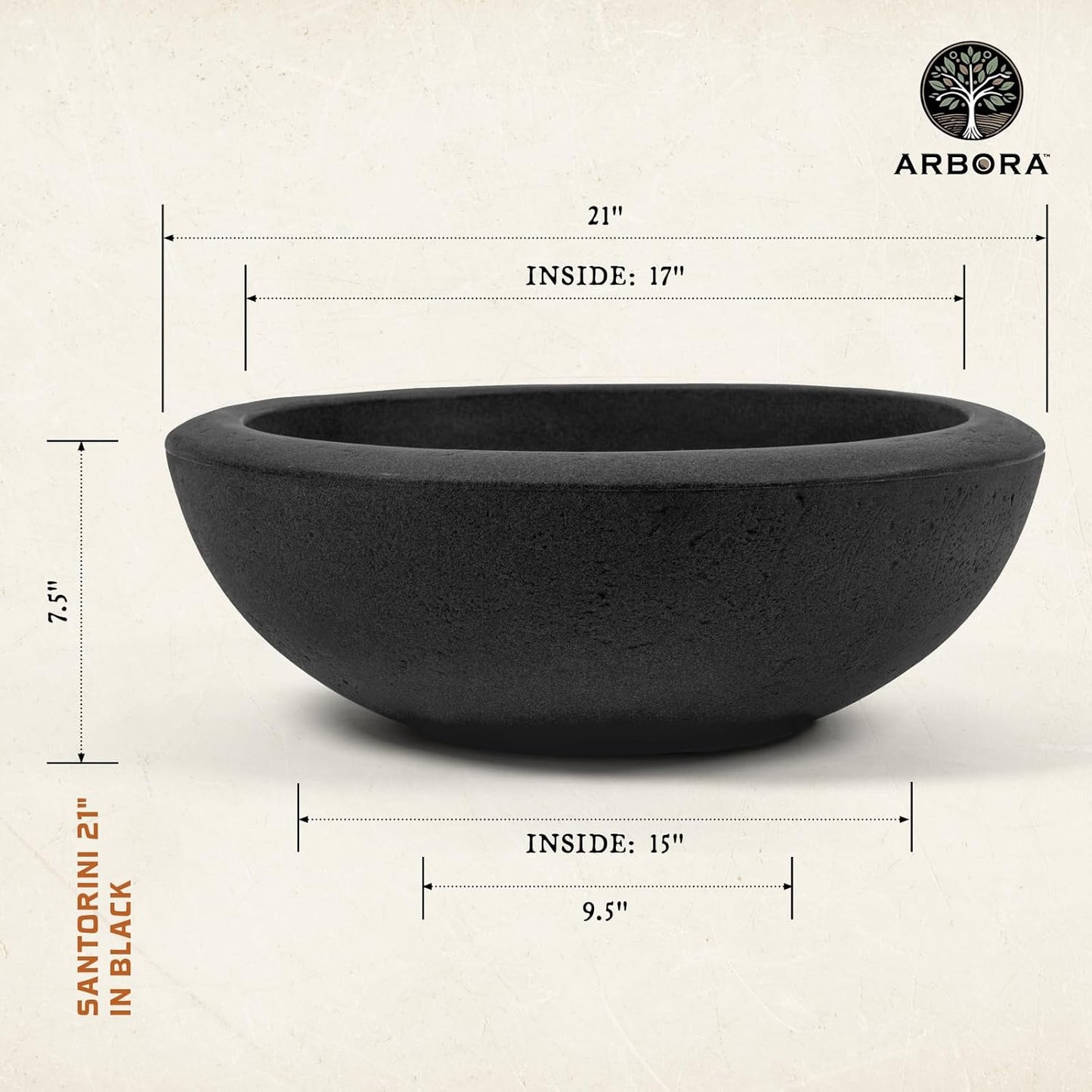 ARBORA 21" Santorini Bowl Polyresin Indoor and Outdoor Planter with Classic Black Finish - Durable, Weatherproof, Lightweight, Large Plant Pot for Patio, Garden, Deck, Entryway