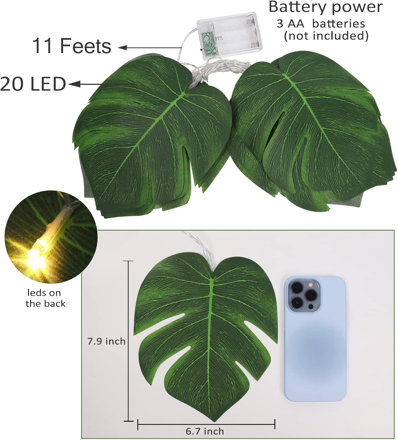RECUTMS Artificial Tropical Palm Leaves String Lights, Large Size 20 LED Monstera Leaf Wall Hanging Vine Greenery,Outdoor Indoor Hawaiian Luau Jungle Beach Safari Baby Shower Party Spring Summer Decor
