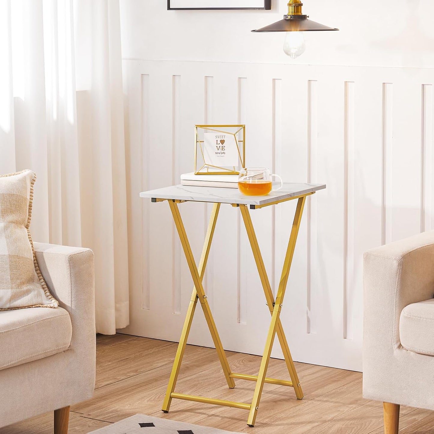 HOOBRO Folding TV Tray Table, Wooden TV Tray, Portable Sofa Side Snack Table, Industrial Desk for Small Spaces, Space-Saving, Easy to Install and Fold, Marble and Gold DM27BZ01