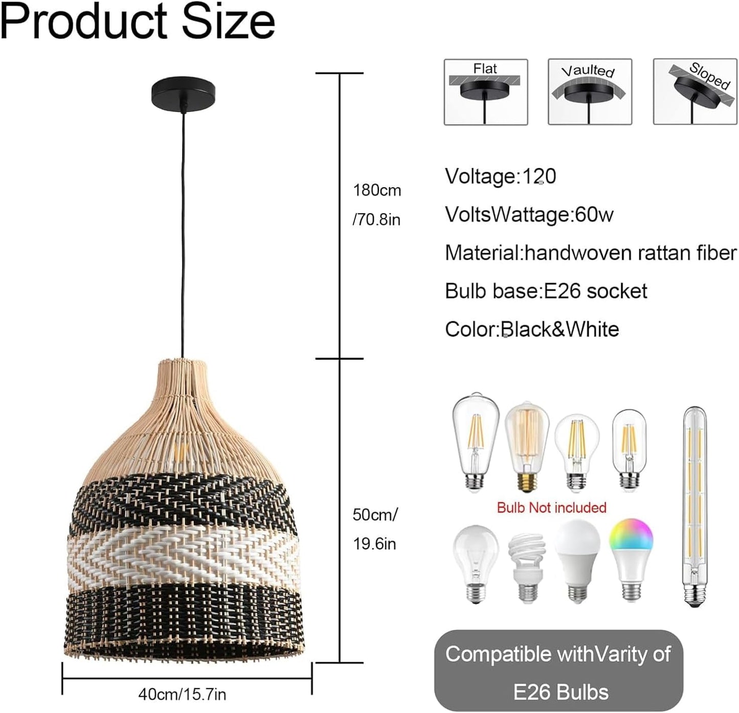 15.75" Rattan Pendant Light Black White Faux Rattan Basket Chandelier 1-Pack Boho Handmade Woven Wicker Hanging Light Fixture for Public Place Dining Living Bedroom Kitchen Farmhouse