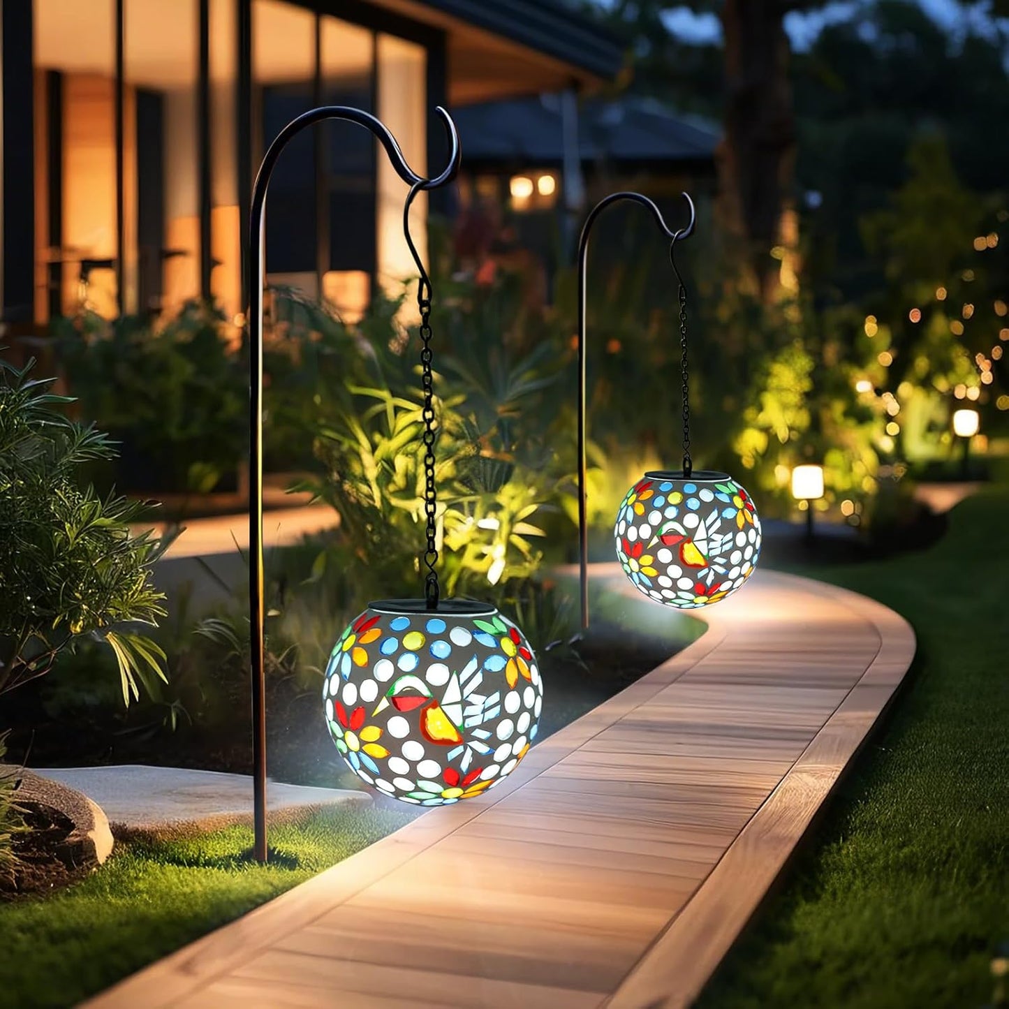 Solar Lanterns Outdoor Hanging Solar Mosaic Hummingbird Lantern Outdoor Waterproof Lanterns Decorative Garden Patio Yard Party Decor Multi