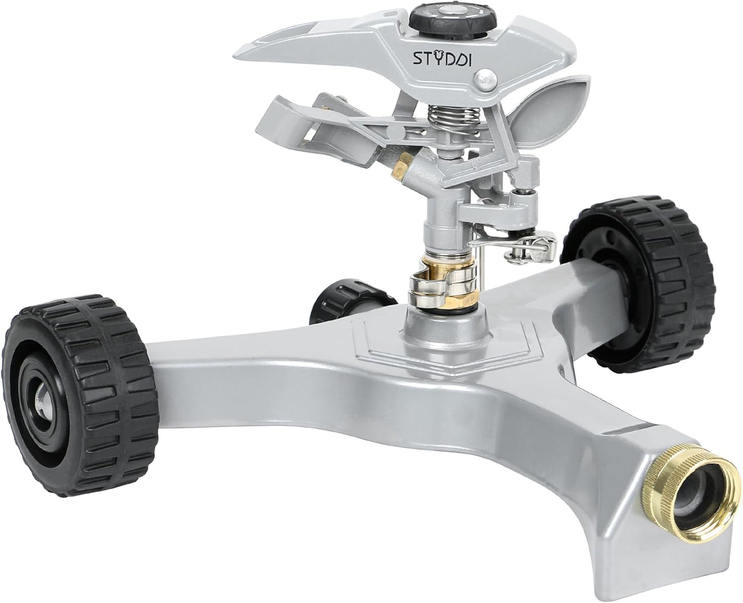 STYDDI Metal Pulsating Sprinkler on in-Series Metal Wheeled Base, Adjustable Circular Water Sprinkler for Medium to Large Circular Lawn, Yard, Garden and Large Areas, Coverage up to 6,360 Sq. ft