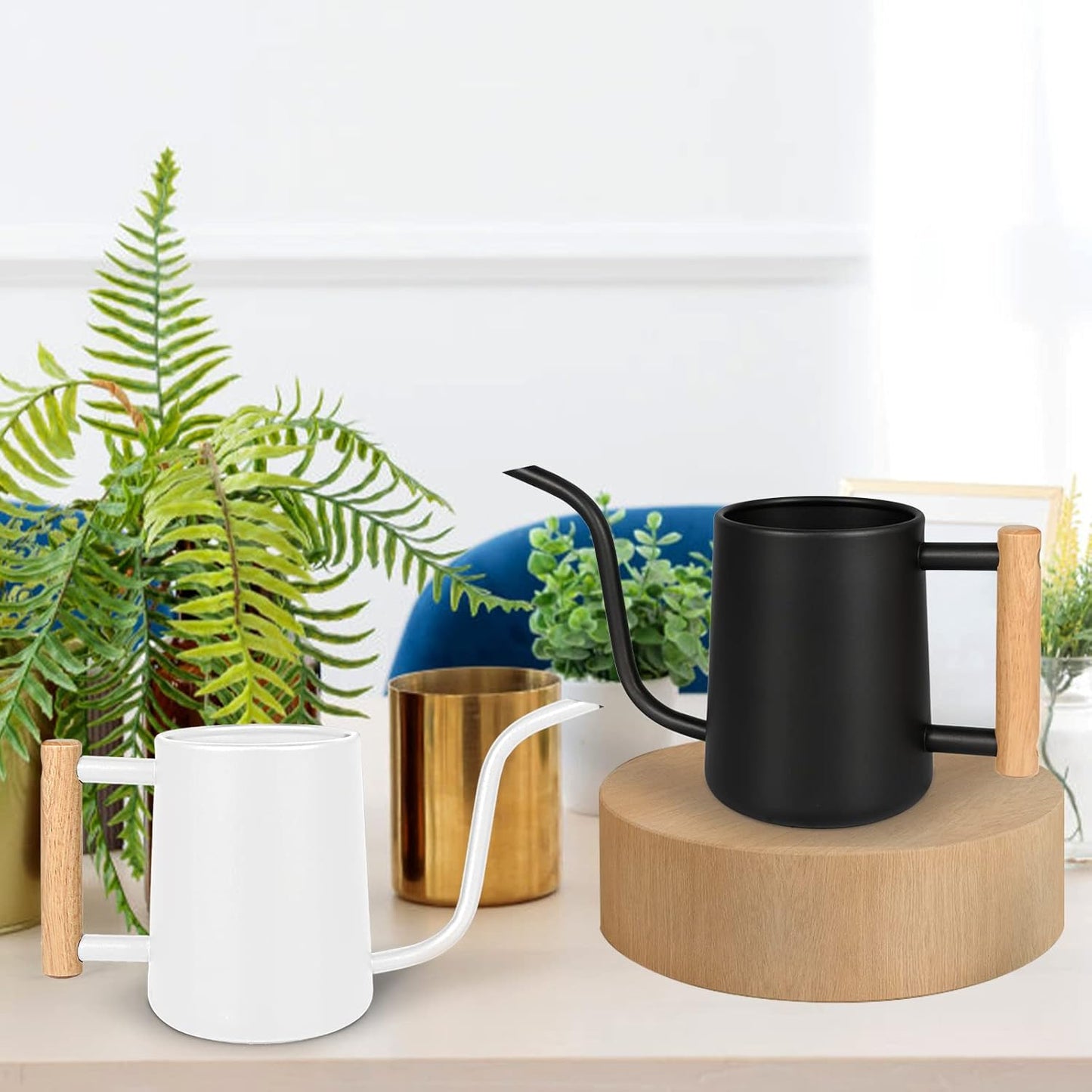 Watering Can Indoor Plants, 35 oz/1000 ml Metal Stainless Steel Watering Can Pot with Long Spout for Indoor House Plants Bonsai Outdoor Garden Flower Decorative (White)