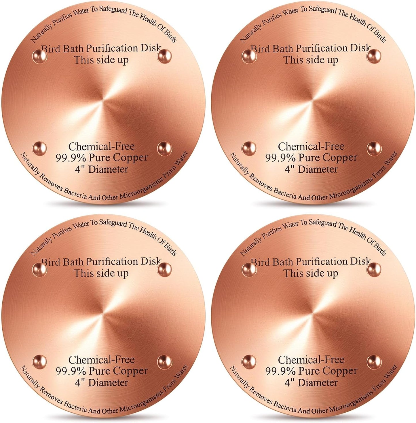 4 Pcs Bird Bath Copper Disk, 0.6mm Thick Reinforced 99.99% Pure Copper Birdbath Purification Disk, with 4 Point Support for Outdoor Birdbaths Bowls Cleaner, 4 Inch (Classic)