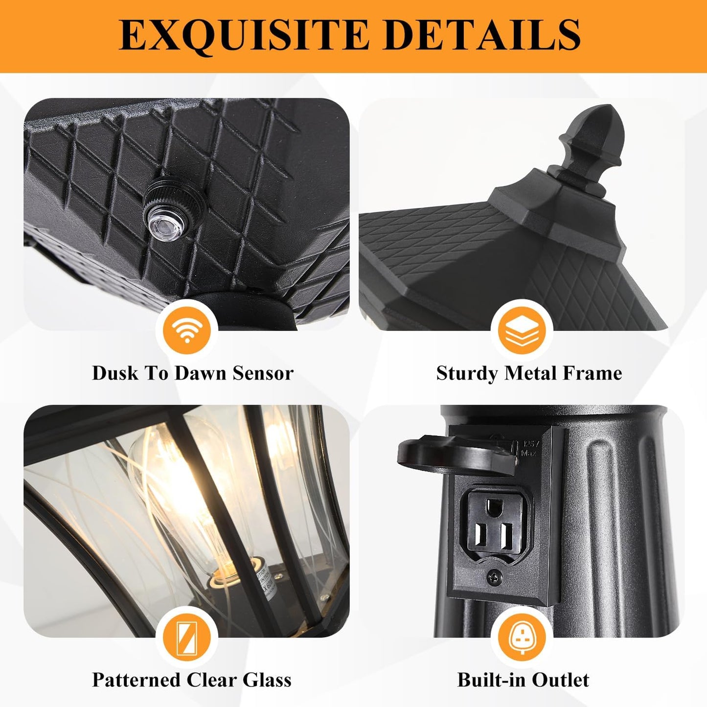Outdoor Lamp Post Lights with Outlet, Dusk to Dawn Pole Lamp with Patterned Glass, Aluminum Waterproof Outside Street Lights, Hardwired Black Light Pole for Backyard, Garden, Driveway