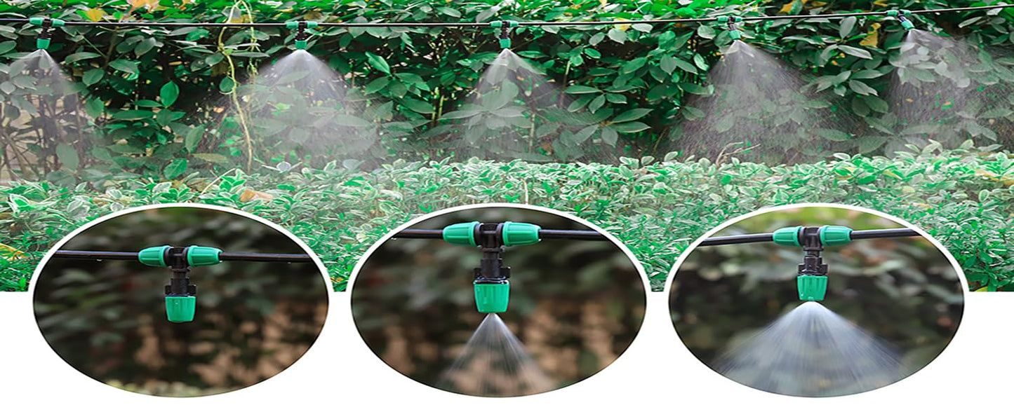 Misting Cooling System with 20 Adjustable Nozzles.20 Lock Barbed 6mm to 1/4 Inch Tee, 5 Lock Barbed End Plugs for Greenhouse Lawn Raised Bed