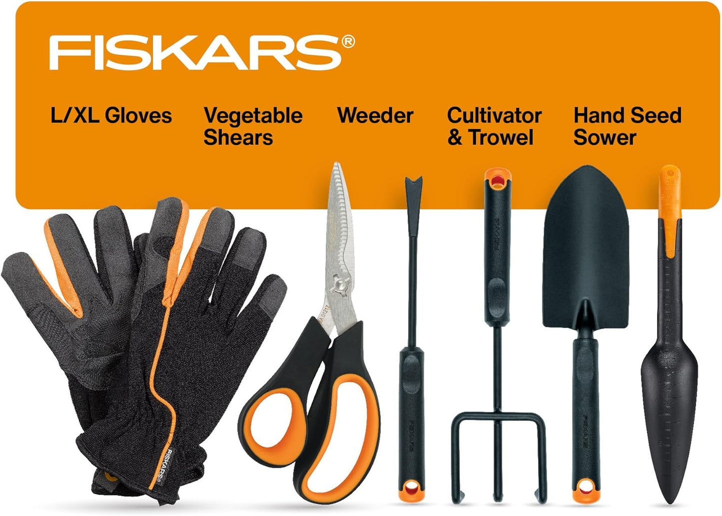 Fiskars Vegetable Garden Tool Set with Vegetable Shears, Seed Sower, Trowel, Cultivator, Weeder, and L/XL Garden Gloves for Indoor or Outdoor Gardening (6 Piece Kit)