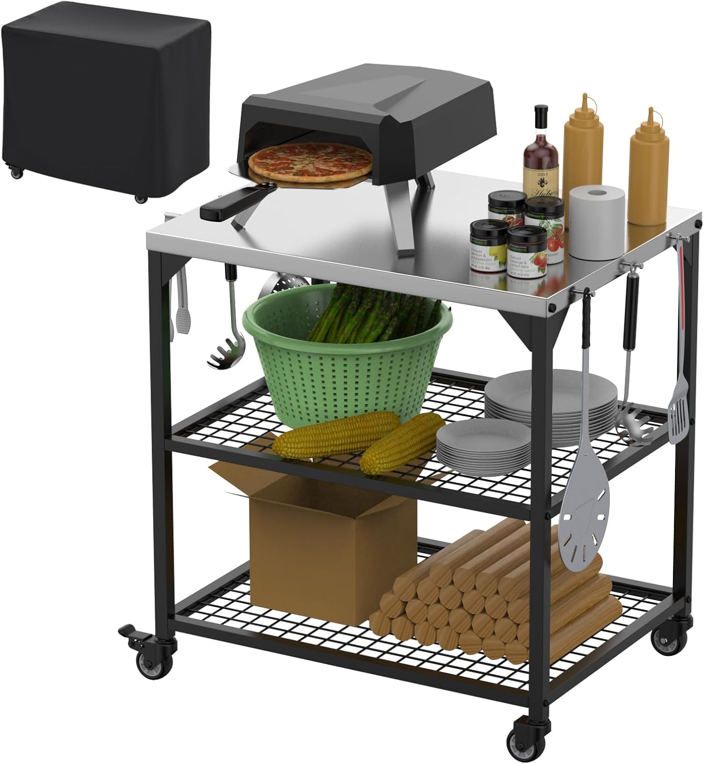 Outdoor Grill Cart 31x24x35 Pizza Oven Table for Ooni Blackstone Ninja Woodfire Flat-top Grills Stainless Steel Trolley Three-Shelf Movable Food Prep and Work Stand Table with Waterproof Cover