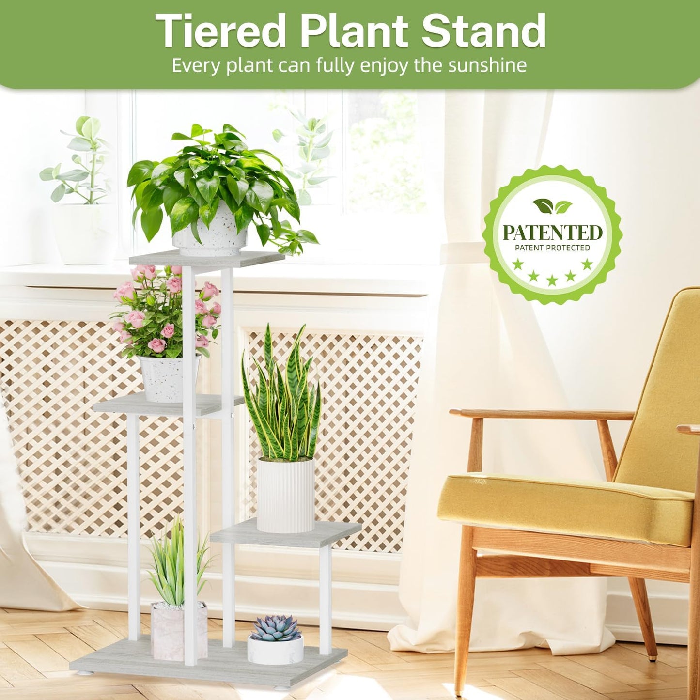 iDavosic.ly 4 Tier Plant Stand Indoor, Tiered Corner Plant Shelf for Multiple Plants, Metal Wood Tall Plant Display Rack Flower Holder for Patio Porch Garden Balcony Bedroom, White
