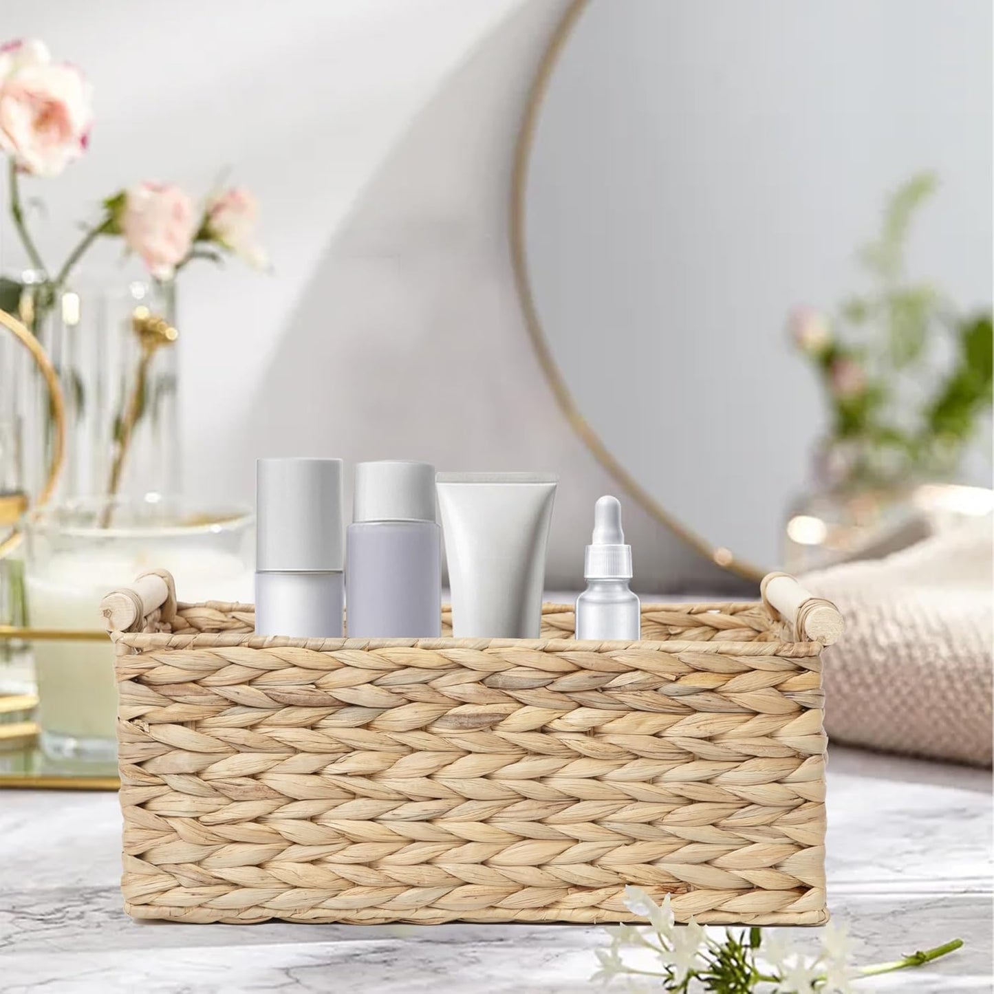 Handmade Water Hyacinth Woven Storage Baskets with Wooden Handles, Rectangle Rustic Organizer Set for Home Decor, Kitchen, Bedroom & Office (Small)