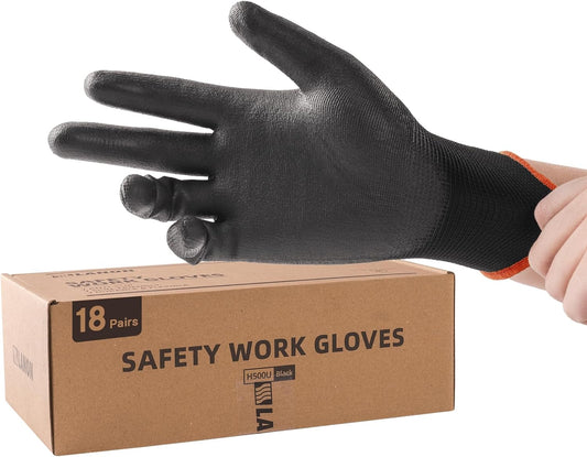 LANON Safety Work Gloves for Men and Women, 18 Pairs Mechanic Black Working Gloves with Grip Odorless PU Coated, Seamless Knit, Full Fingertip Touchscreen for Light Duty Working Gloves, X-Large