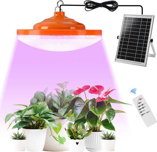 Solar Plant Grow Light Battery Powered, 96 LED Full Spectrum Hanging Grow Lights for Indoor Plants with Timer, Solar Pendant Growing Lamp for Greenhouse with Remote Control(14.7FT Cord)