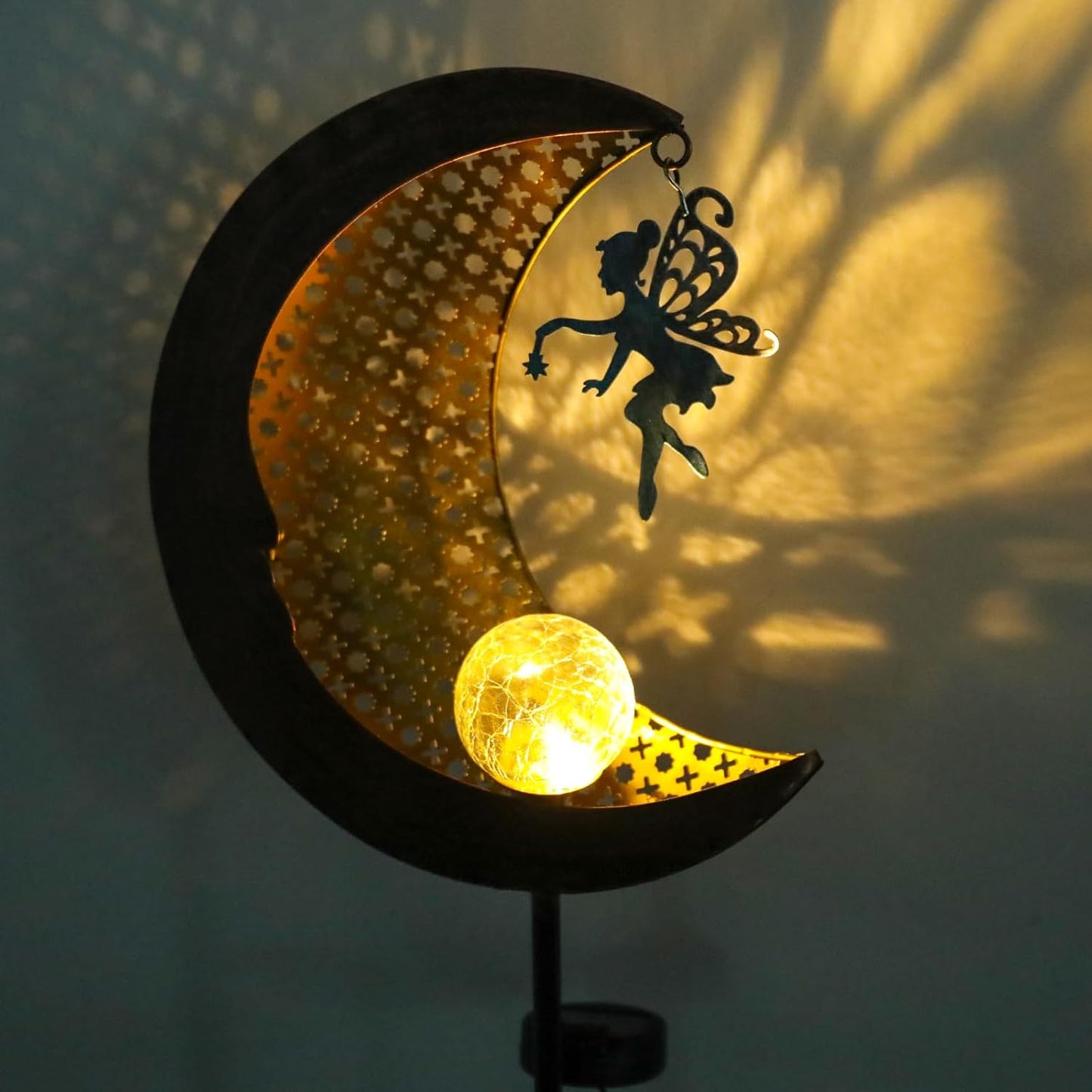 Bshine Moon Solar Light Outdoor Garden Decoration, Moon Fairy Garden Statue Outdoor Decor,Metal Waterproof Light Stake for Patio, Path, Yard and Lawn Ornament, Housewarming Gift for Mom,Bronze