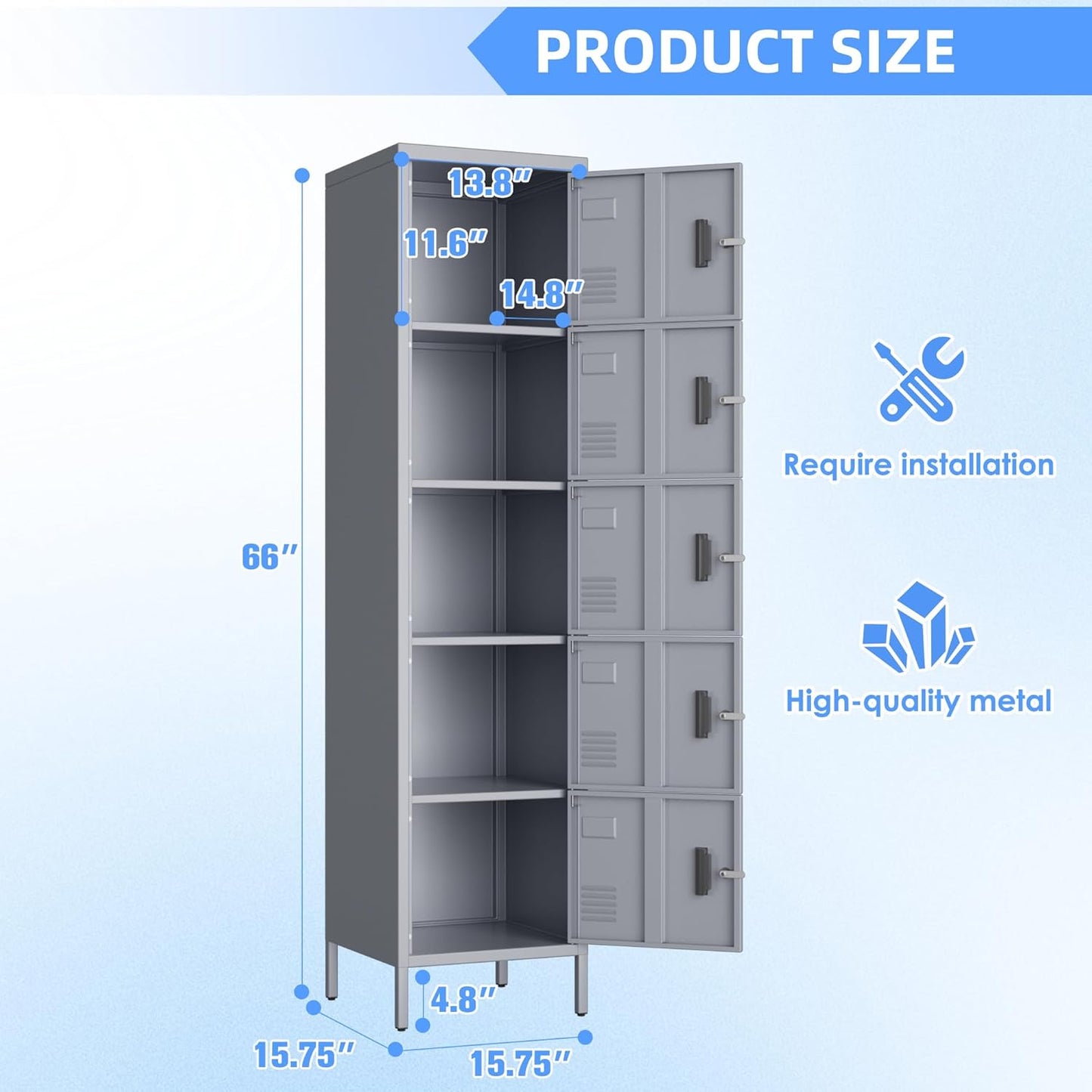 Metal Locker with Lock and Ventilation Holes,Metal Storage Locker with Business Card Slot for Home,Gym,Garage,School,Office,66" H x 15.8" W x 15.8" D Assembly Required,Dark Grey