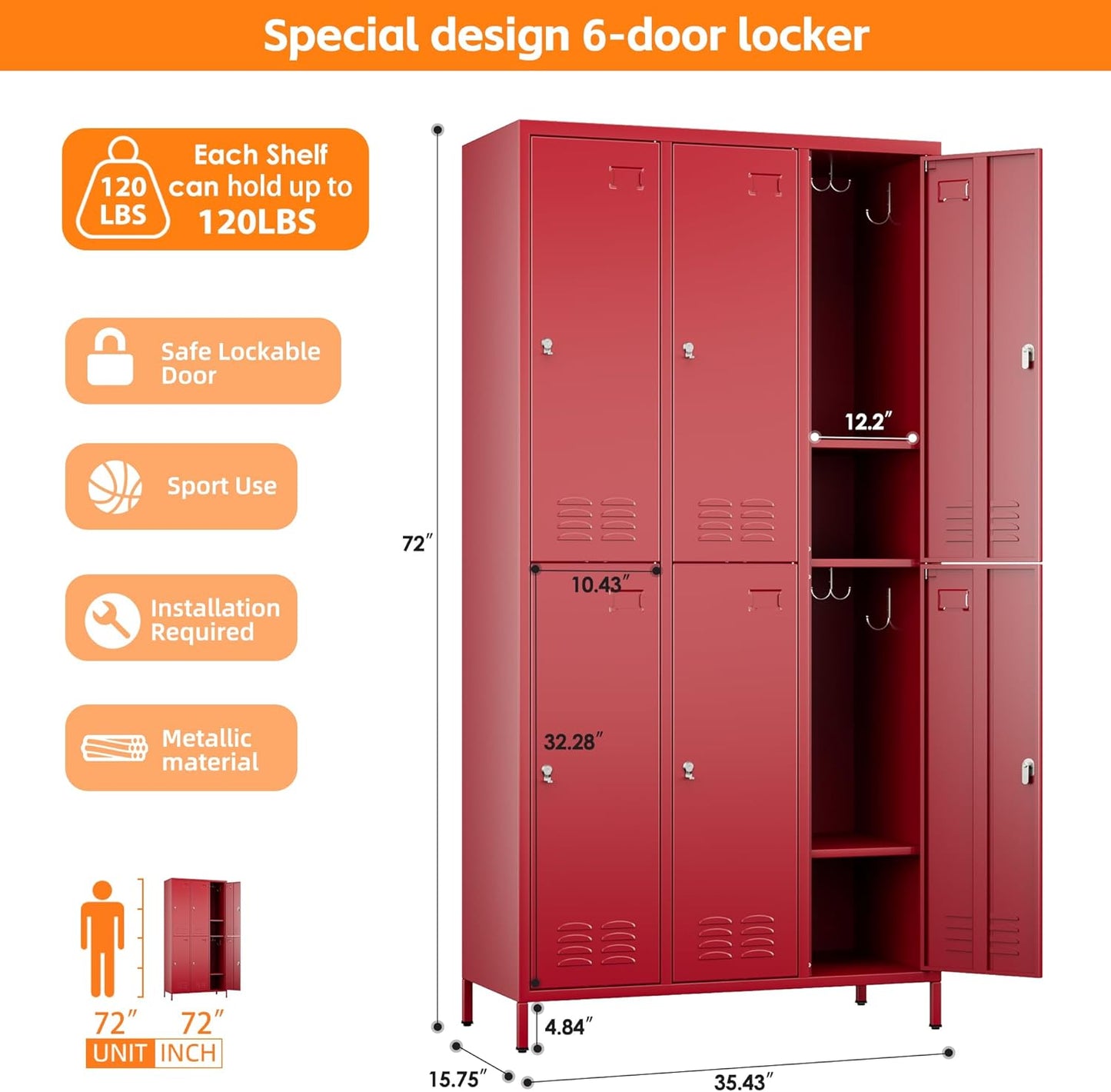 6 Doors Metal Storage Lockers for Employees with 18 Hooks,72" H Employee Lockers with Business Card Holder for Offices School Gyms Home,Assembly Required,Red