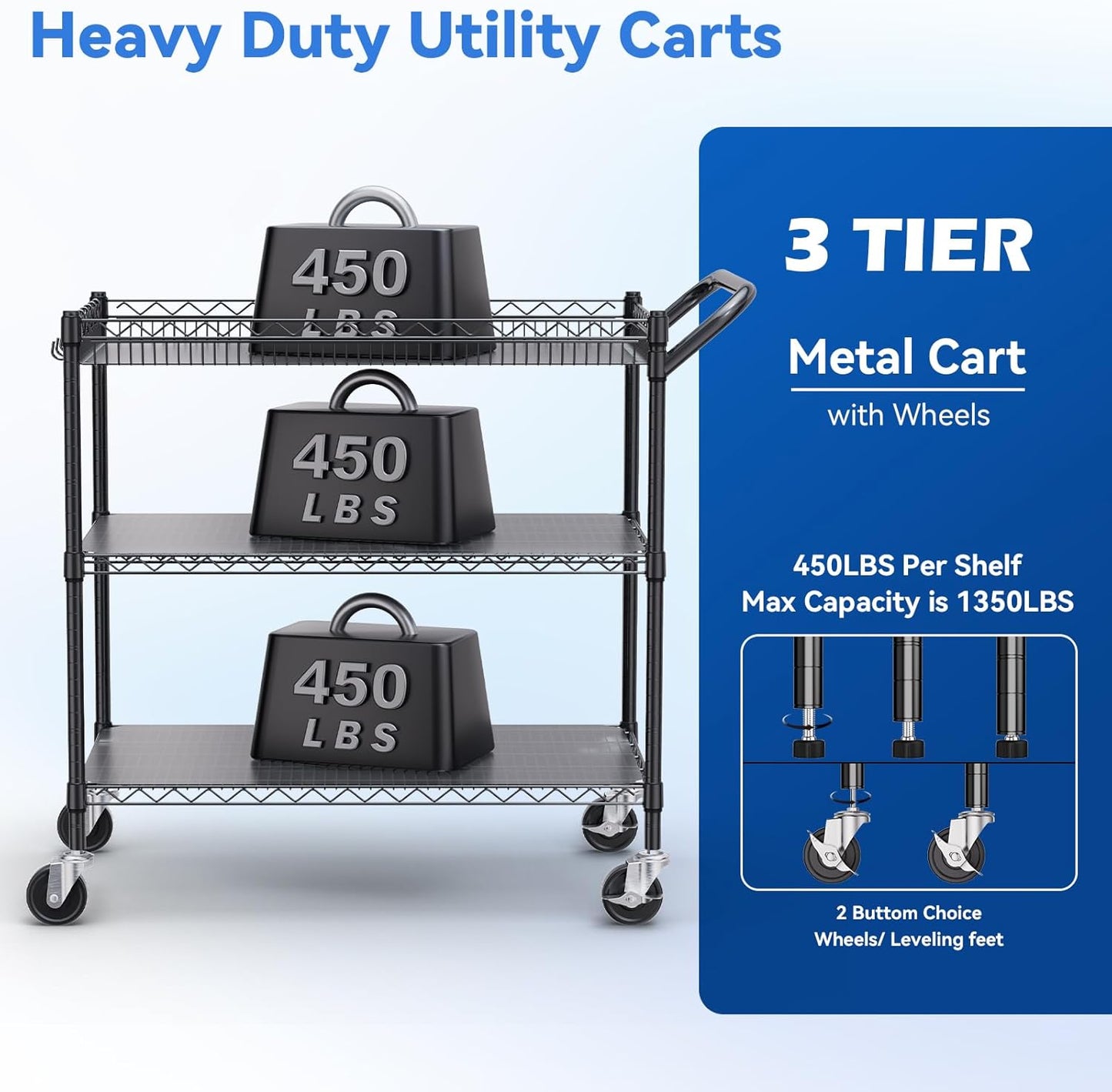 WDT 1350Lbs Capacity Heavy Duty Rolling Utility Cart, Large 3 Tier Rolling Carts with Wheels 24" Dx45 Wx39 H, NSF Commercial Grade Roll Metal Cart, Trolley Serving Cart for Garage, Kitchen, Warehouse