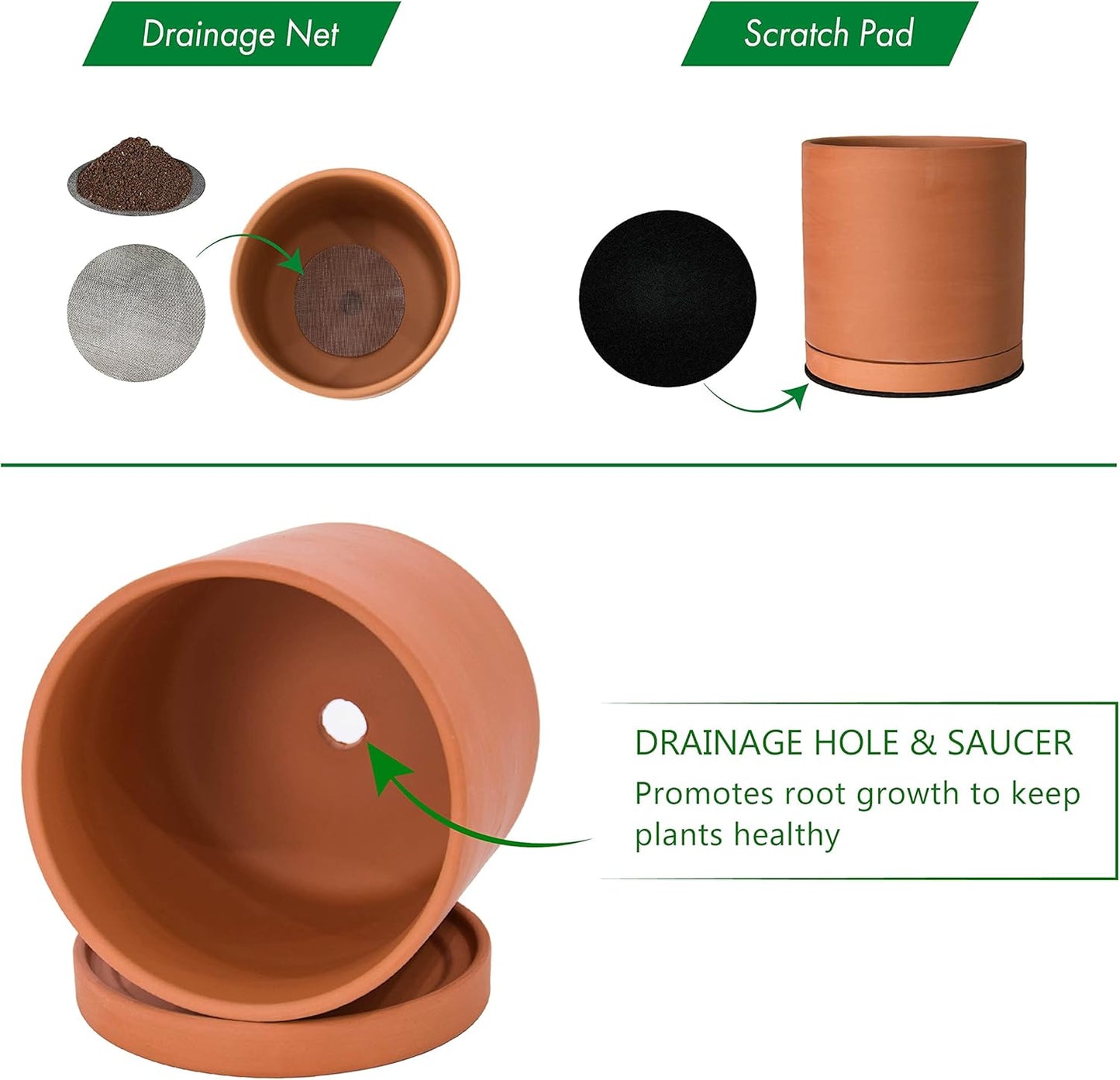 D'vine Dev Terracotta Pots for Plants, 8.3 Inch 10 Inch 12 Inch, Round Cylinder Planter Pot with Drainage and Saucer, 40-T-D-0