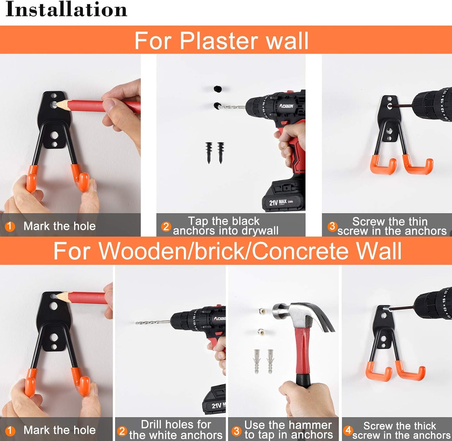 AOBEN Garage Hooks Heavy Duty, Steel Garage Storage Hooks, Utility Tool Hangers and Combinable Wall Mount Garage Hooks for Organizing Ladders, Bikes, Hoses, and More Equipment (Small J, 4 Pack)