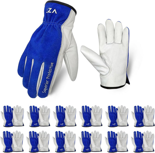 12 Pairs Bulk Leather Work Gloves for Men or Women for Construction, Wood cutting, Driving, Gardening, Automotive Repair, Water Resistant, Soft, Cowhide, Class 4 Abrasion Resistant, Blue-White, L