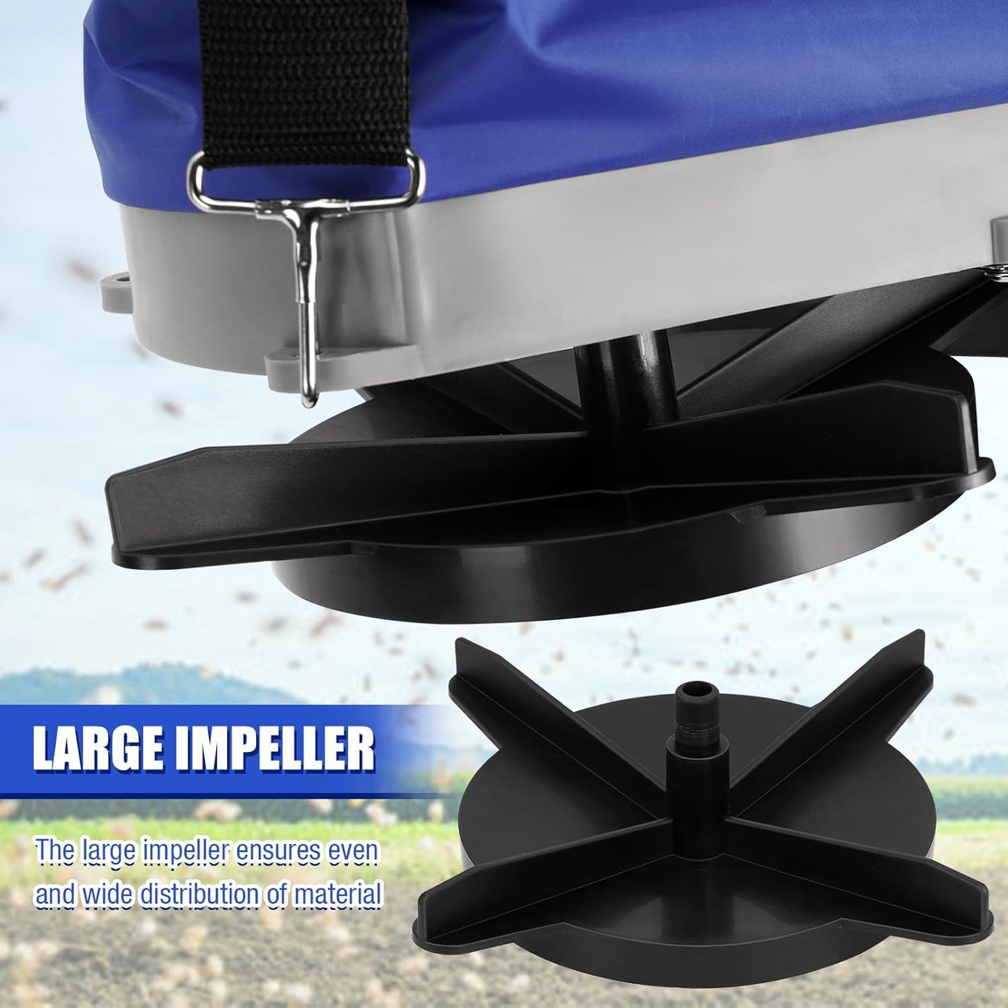 Zipcase 25lb Bag Seed Spreader with Waterproof Bag, Rare Baffle and Accurate Gears, Handheld Grass Seed Spreaders for Lawns, Blue