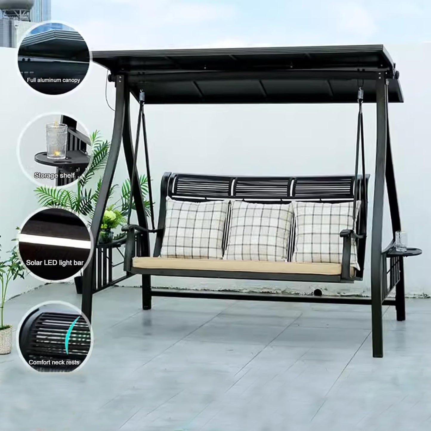 2/3-Seat Outdoor Patio Porch Swing with Adjustable Aluminum Alloy Canopy Solar Patio Swing Chair Bench with Footrest Side Cup Holder for Backyard Lawn (Manchester Without Footrest-3 Seat)