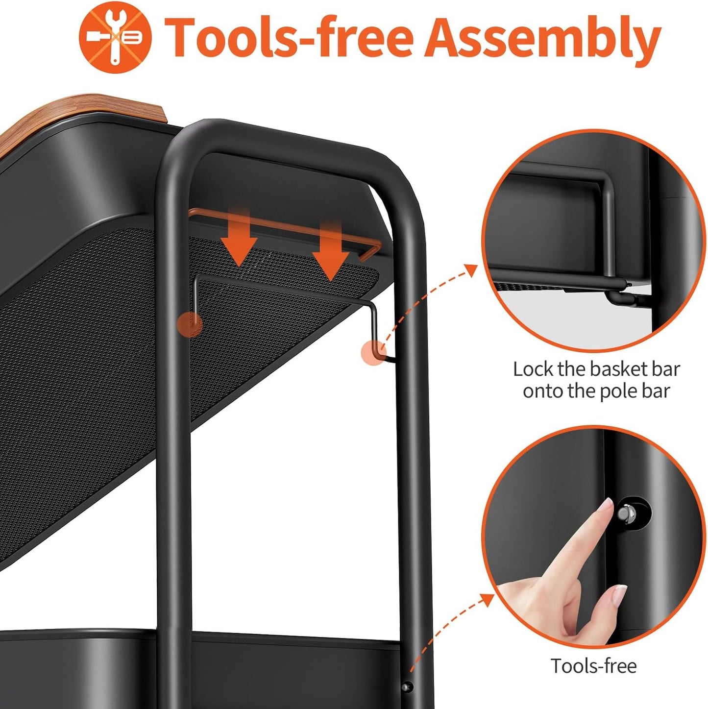 TOOLF 3-Tier Rolling Cart with Table Top, Metal Storage Cart on Wheels, Utility Organizer with Wooden Tray, Lockable Casters, Easy Assembly for Bathroom, Living Room, Office, Kitchen, Black