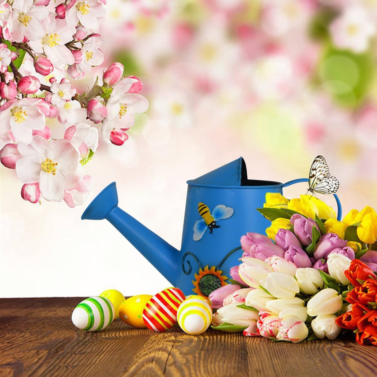 Decorative Sunflower & Bee Metal Watering Can (Vol: 4 Cups) | Small Blue Watering Can | Garden Décor Housewarming Gift for Mother Women Friends Gardeners