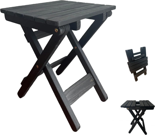 Outdoor Side Table, No Assembly Folding Wooden End Table for Outside or Indoor, Small Patio Tables for Camping, Pool, Bathroom, Backyard and Porch (Black)