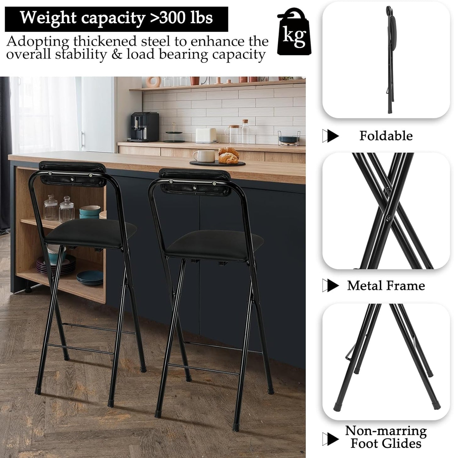 Thyle 1 Pcs Folding Bar Stool with Backrest, Tall Foldable Stool Chair Portable High Folding Bar Chair Counter Height Seat Leather Padded for Kitchen Island Shop Cafe Dining Room Black (27.5 Inch)