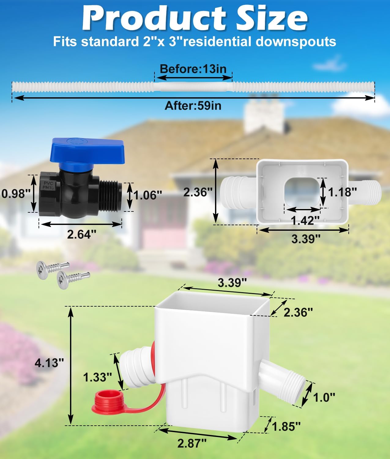 Downspout Diverter, WADEO Rain Barrel Diverter Fits for 2"x 3" Standard Downspout, Rainwater Collection System with Two Water Outlets to Collect Rainwater from Gutter, with 5FT Hose