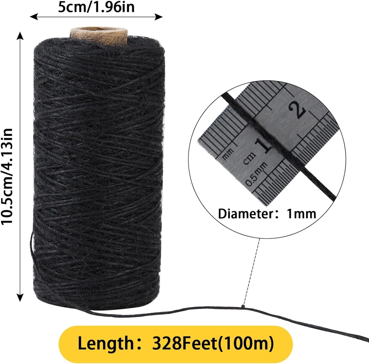 1mm 328 Feet Black Natural Jute Twine, for Crafts Gift, Craft Projects, Wrapping, Bundling, Packing, Holiday Packaging Twine, Gardening and More, Jute Rope to Use Around The House and Garden