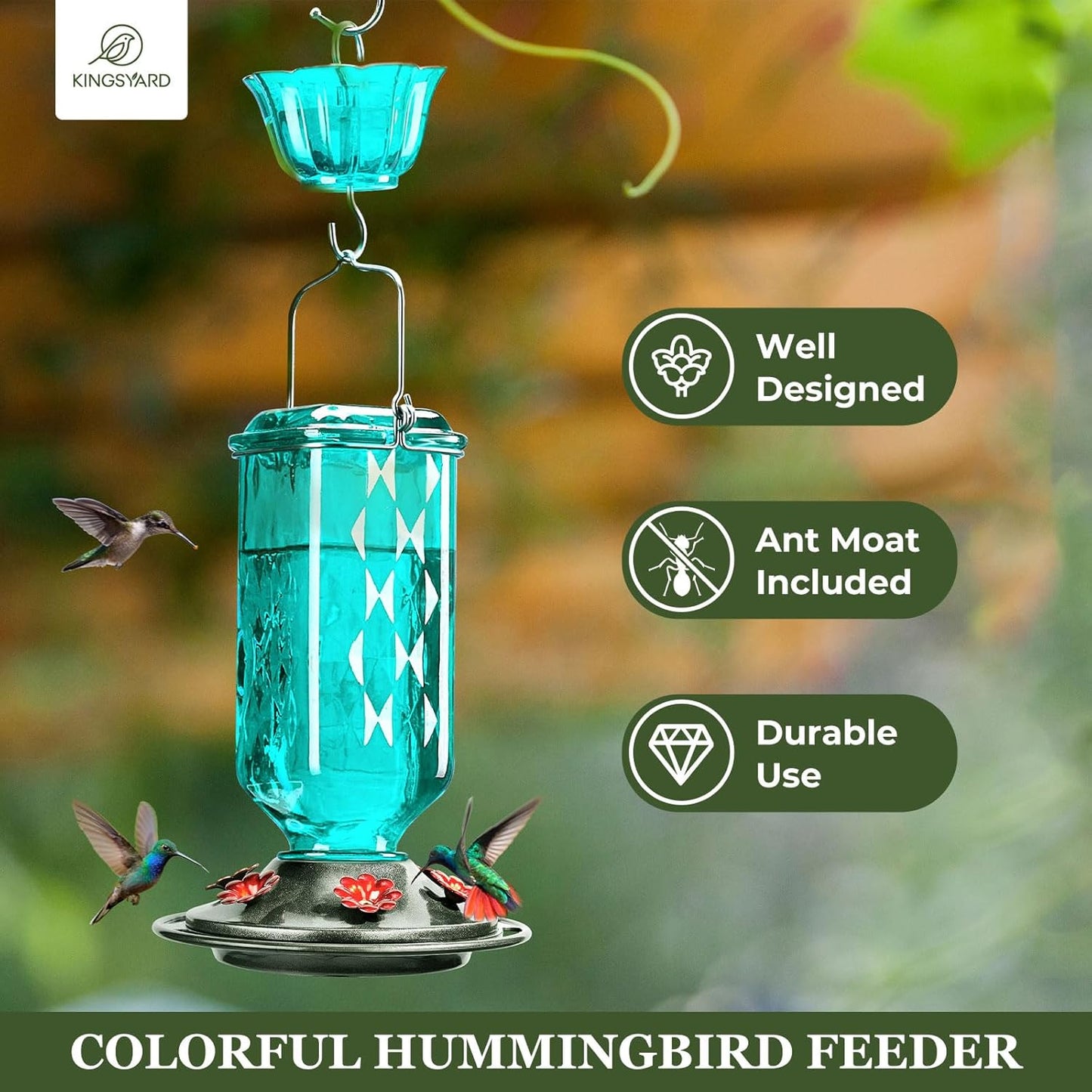 Kingsyard Glass Hummingbird Feeder for Outdoor Hanging, 24 Ounces, 6 Feeding Ports, Bird Nectar Feeder for Garden Décor, Ant Moat Included, Turquoise