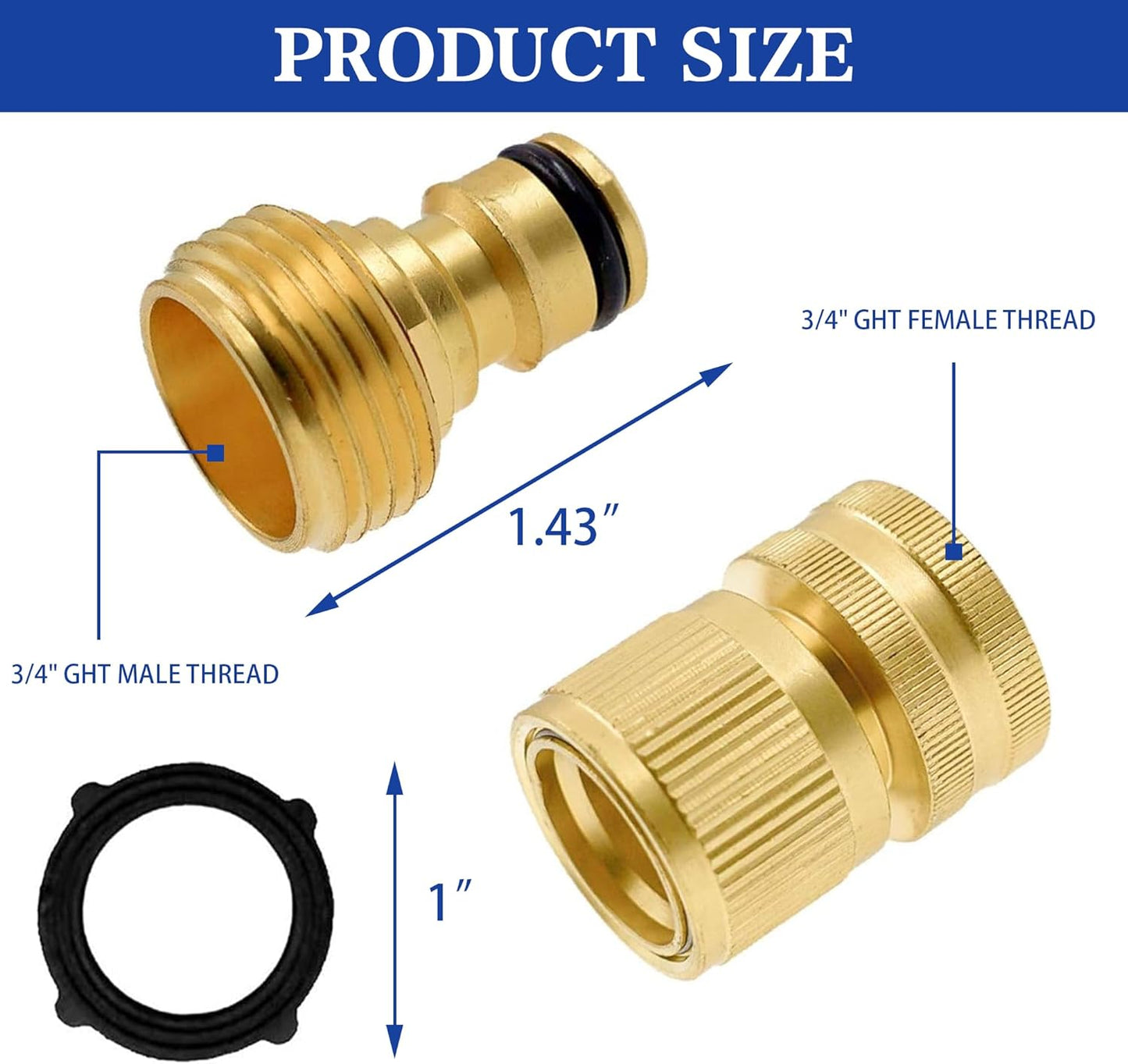 Hourleey Garden Hose Quick Connector, Solid Brass 3/4 Inch GHT Thread Garden Quick Connect Kit, Male and Female No-Leak Water Hose Fittings (6 Set)